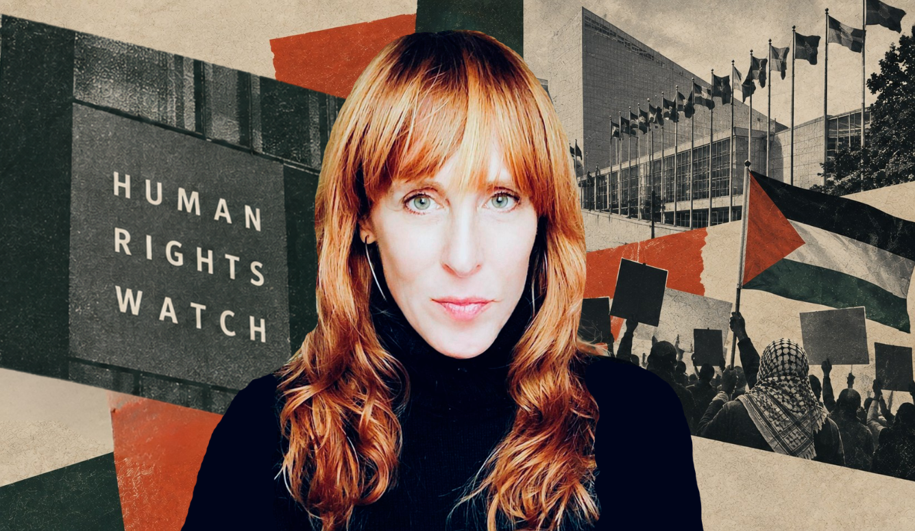 Danielle Haas against a collage featuring Human Rights Watch imagery, international institutional architecture, a world map, and a protest crowd carrying Palestinian flags.