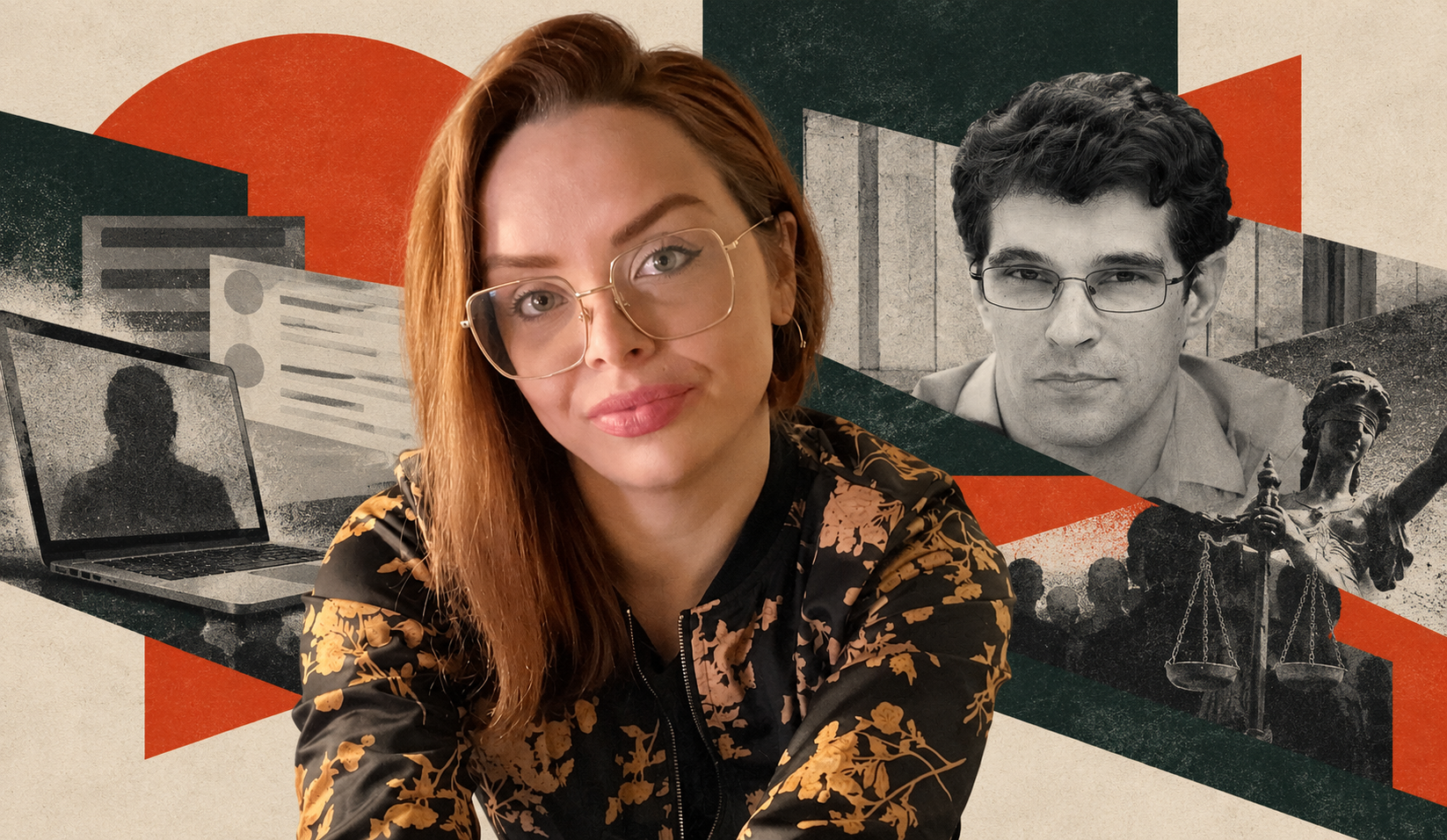 Amy Eileen Hamm with auburn hair and glasses in front of a collage featuring Stev Galloway, a laptop and Lady Justice.