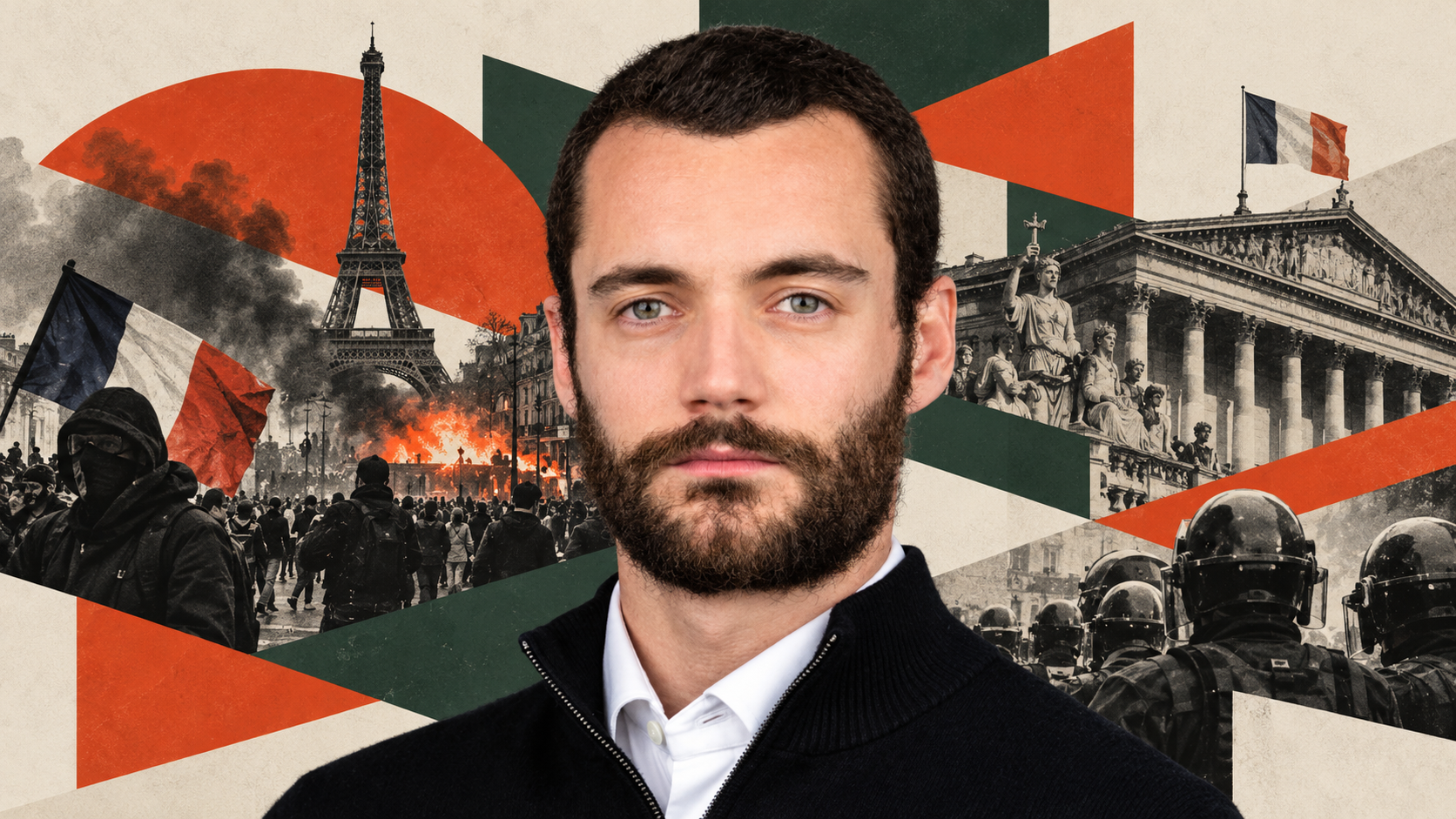 Louis Sarkozy against a collage of French protests, riot police, and Parisian landmarks.