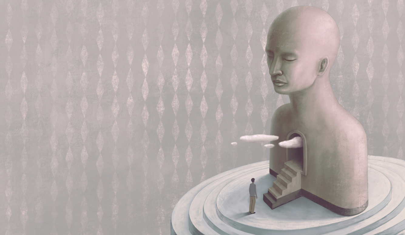 A small figure stands before a giant bald head sculpture with a doorway, stairs and floating clouds against a patterned wall.