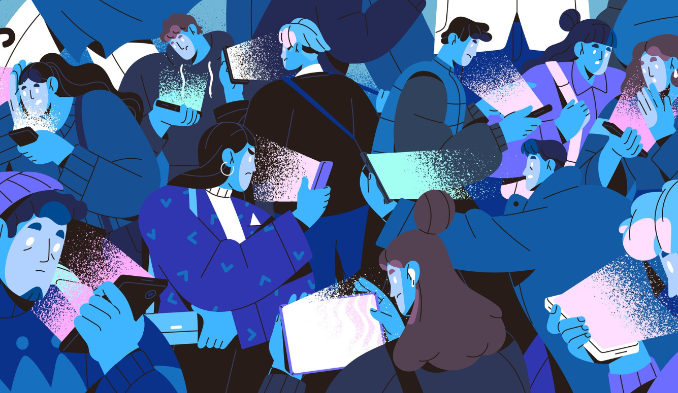 An illustration of commuters in blue and purple clothing using smartphones and tablets in a crowded public space.