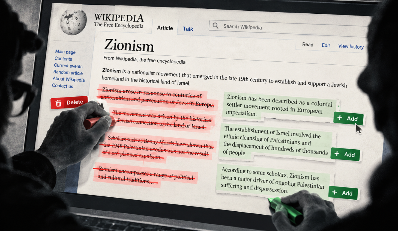 Two people edit a Wikipedia article on Zionism, crossing out text in red and adding alternative passages in green.