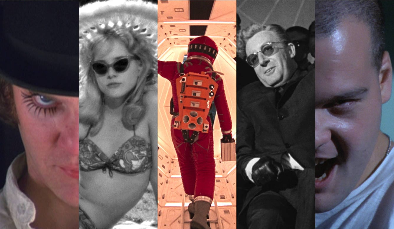 Five stills from Kurick's films arranged in bars. From left to right: A Clockwork Orange, Lolita, 2001, Dr. Strangelove, Full Metal Jacket.