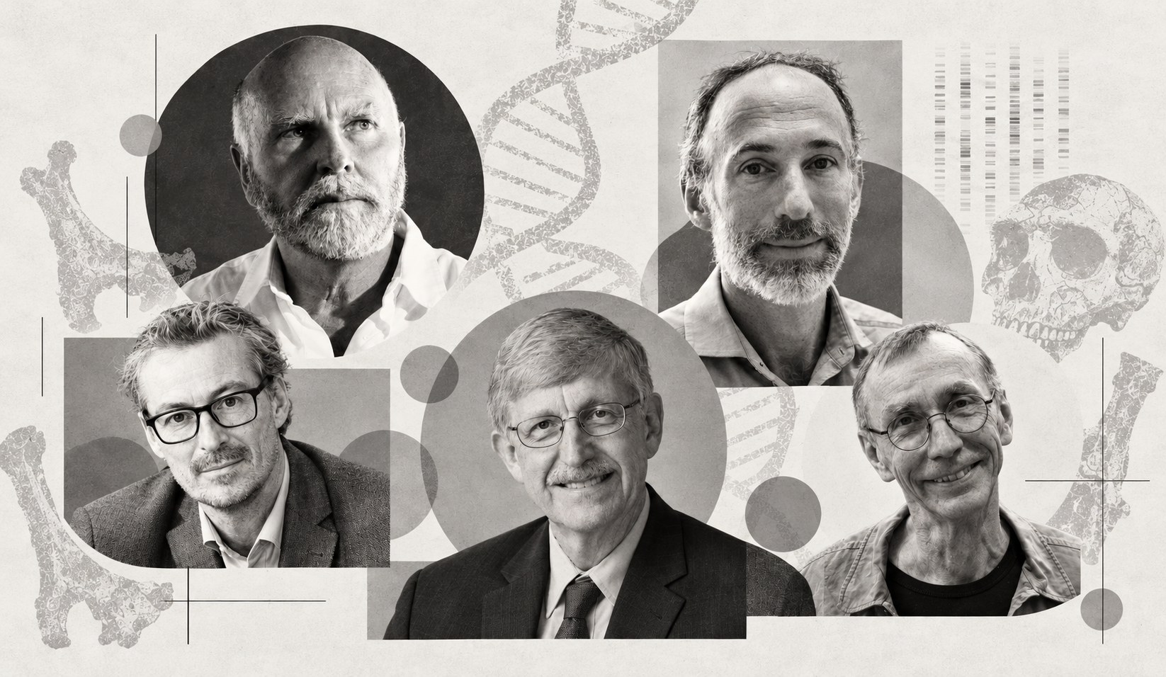 Black-and-white collage of five male scientists, including bearded men and bespectacled researchers, with DNA helixes, skulls and bones.