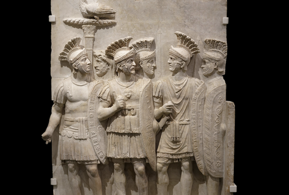 Detail from the Praetorian Relief, a Roman marble relief dated to c. 51–52 AD from the Arch of Claudius in Rome.