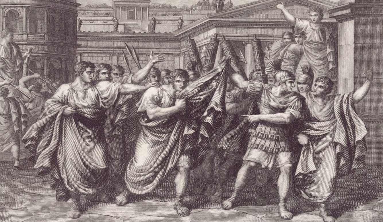 An engraving depicting Roman soldiers arresting Sejanus, surrounded by men in draped togas in an ancient Roman courtyard.