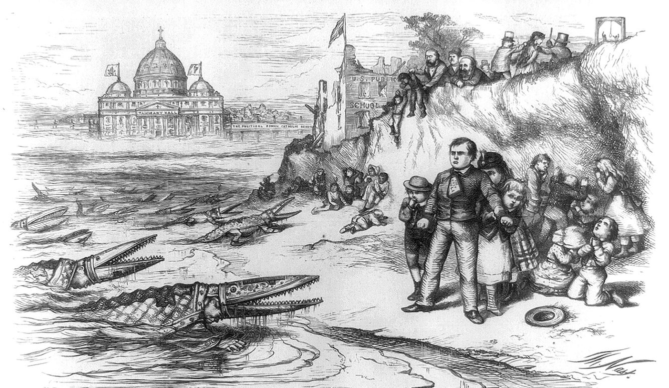 Thomas Nast’s 1871 cartoon depicting crocodiles attacking schoolchildren beside a flooded Tammany Hall building in New York.