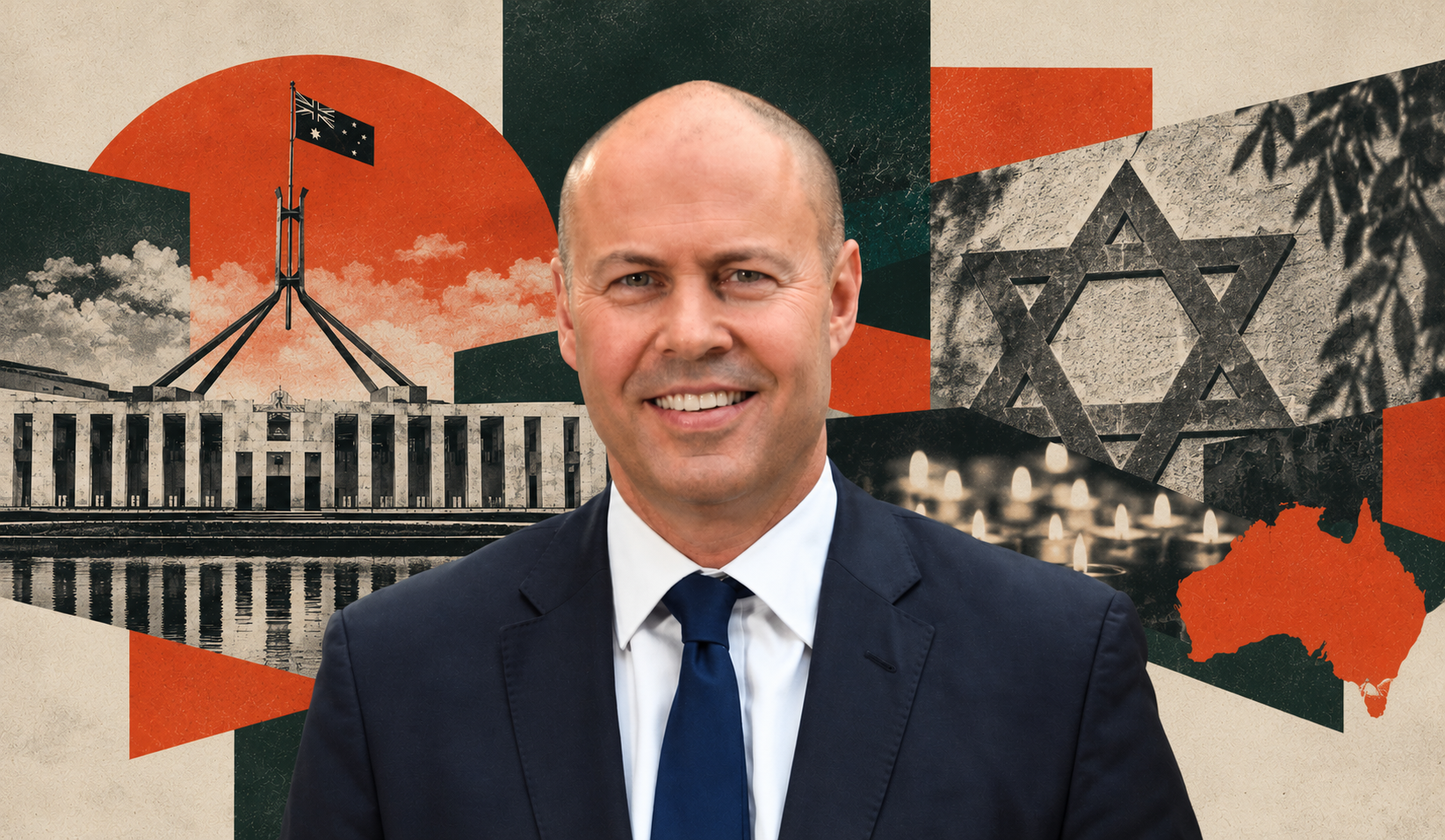 Josh Frydenberg in colour against a textured editorial collage featuring Parliament House, a Jewish memorial gathering and Australia’s map.