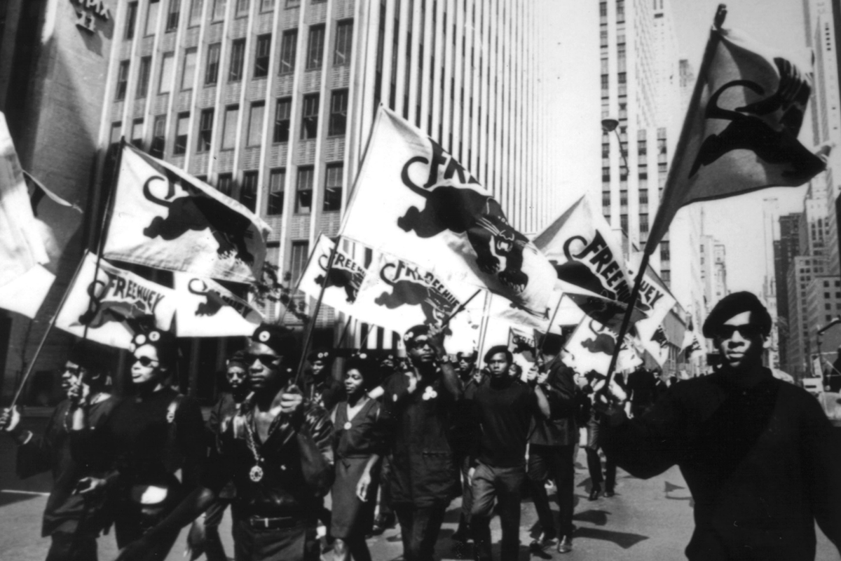 The Black Panthers march in New York City in protest of the trial of co-founder Huey P. Newton.